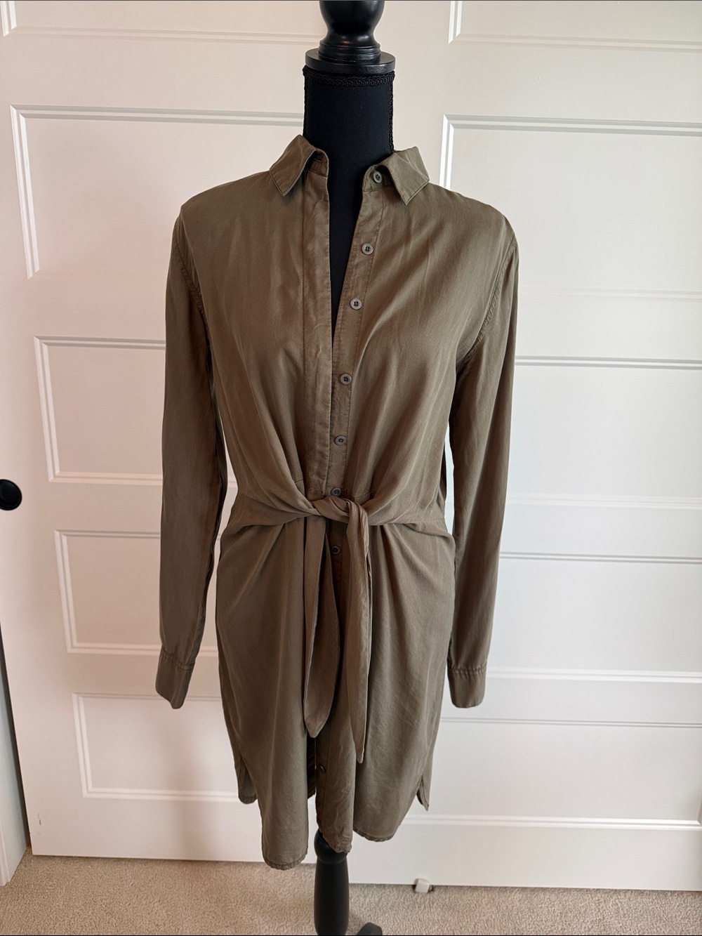 Tie-Front Shirt Dress in Olive Green